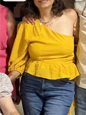One-Shoulder Ruffle Peplum Top - Mustard Yellow